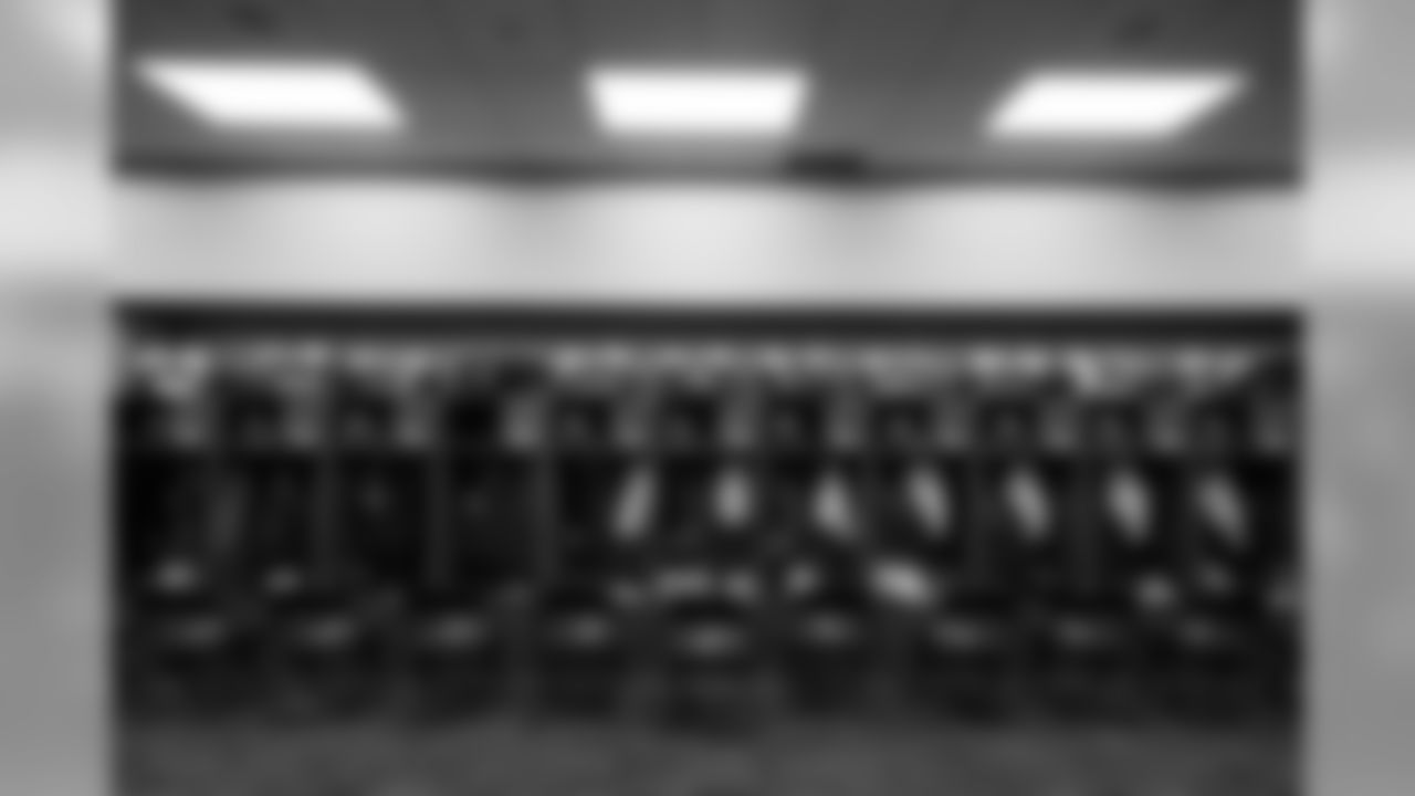 A general view of the Atlanta Falcons locker room before the game against the Indianapolis Colts at Lucas Oil Stadium in Indianapolis, Indiana, on Sunday September 22, 2019. (Photo by Rob Foldy/Atlanta Falcons)