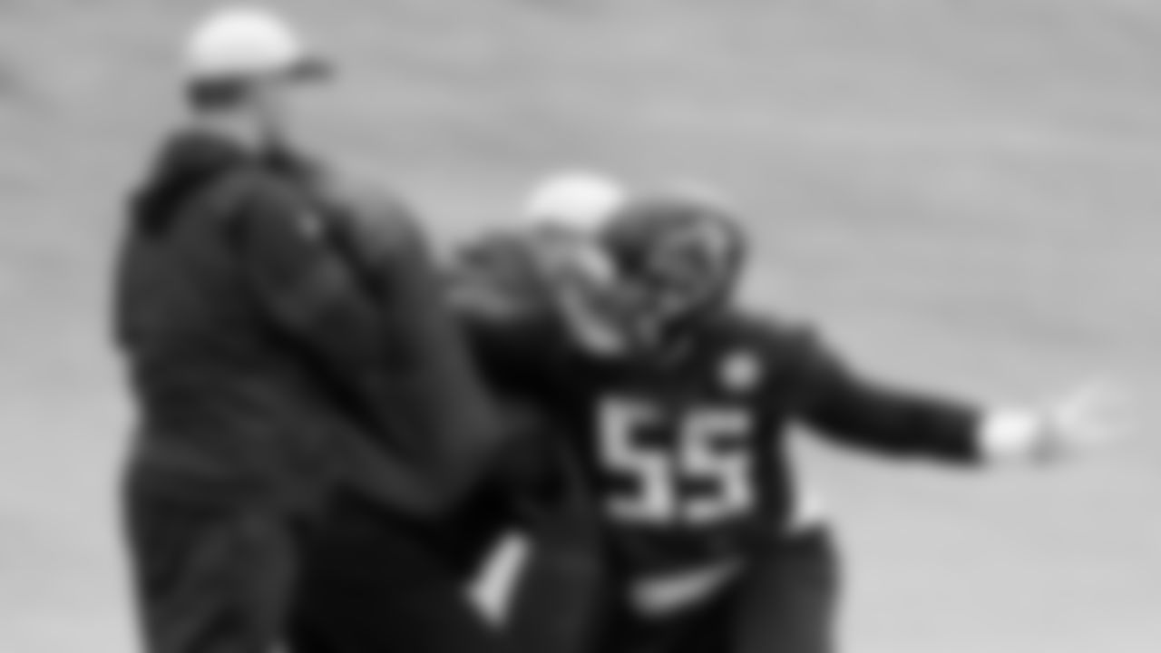 Atlanta Falcons linebacker Steven Means #55 during team practice at Atlanta Falcons Headquarters in Flowery Branch, Georgia, on Wednesday, December 15, 2021. (Photo by Shanna Lockwood/Atlanta Falcons)