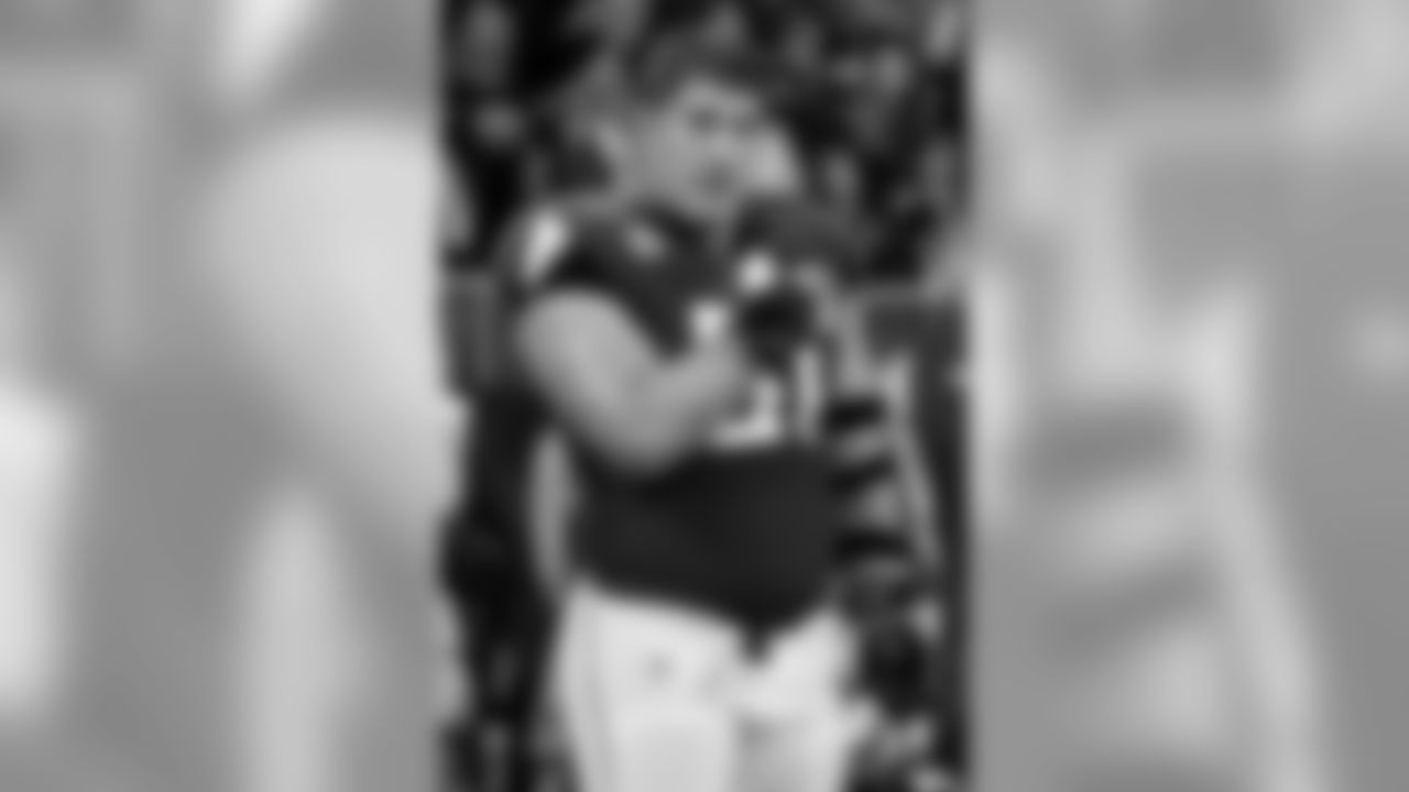 Atlanta Falcons center Alex Mack #51 looks on during the National Anthem at Mercedes-Benz Stadium in Atlanta, GA, on Sunday December 8, 2019. (Photo by Kara Durrette/Atlanta Falcons)