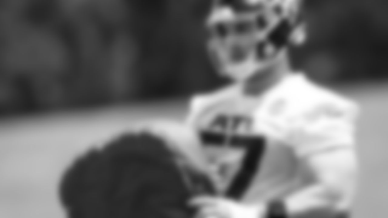 Atlanta Falcons offensive lineman Drew Dalman #67 looks on during the first practice of Atlanta Falcons rookie minicamp on May 14, 2021.