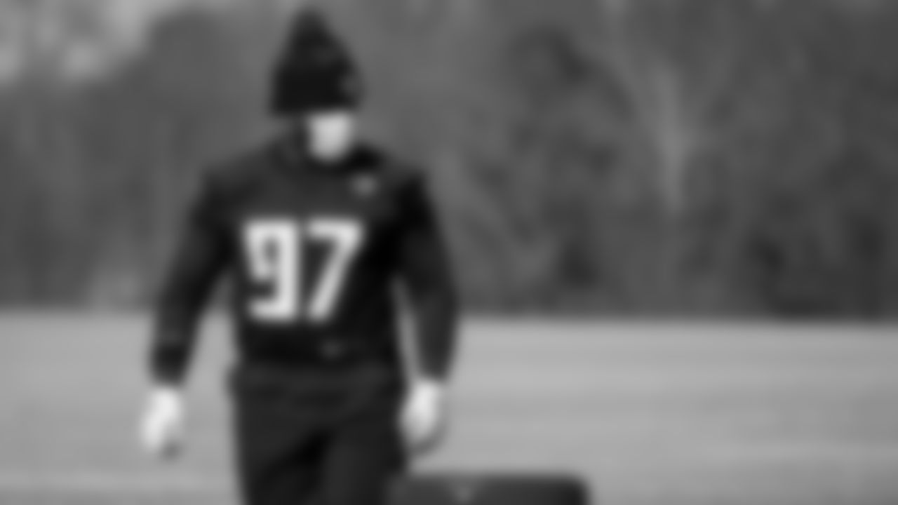 Atlanta Falcons defensive tackle Grady Jarrett #97 looks on during practice at IBM Performance Field.