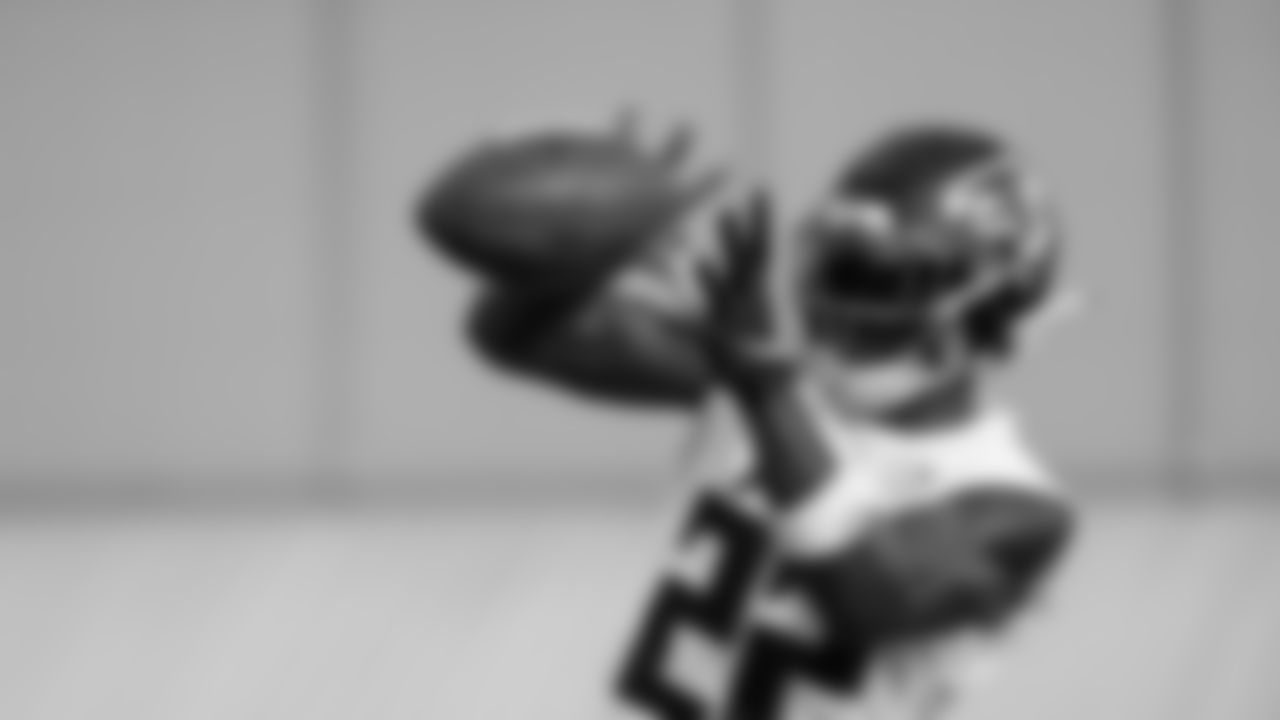 Atlanta Falcons strong safety Keanu Neal #22 catches a ball at AT&T Atlanta Falcons Training Camp on August 15, 2020 in Flowery Branch, GA. (Photo by Kara Durrette/Atlanta Falcons)