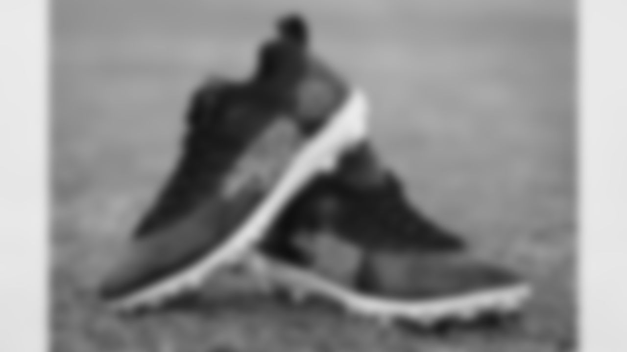 View of the cleats worn by Atlanta Falcons offensive linebacker James Vaughters #93 for My Cause, My Cleats at Atlanta Falcons Headquarters in Flowery Branch, Georgia, on Wednesday, December 1, 2021. (Photo by Shanna Lockwood/Atlanta Falcons)