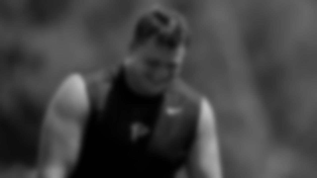 Atlanta Falcons offensive guard Chris Lindstrom #63 laughs at AT&T Atlanta Falcons Training camp on August 10, 2020 in Flowery Branch, Ga. (Photo by Kara Durrette/Atlanta Falcons)