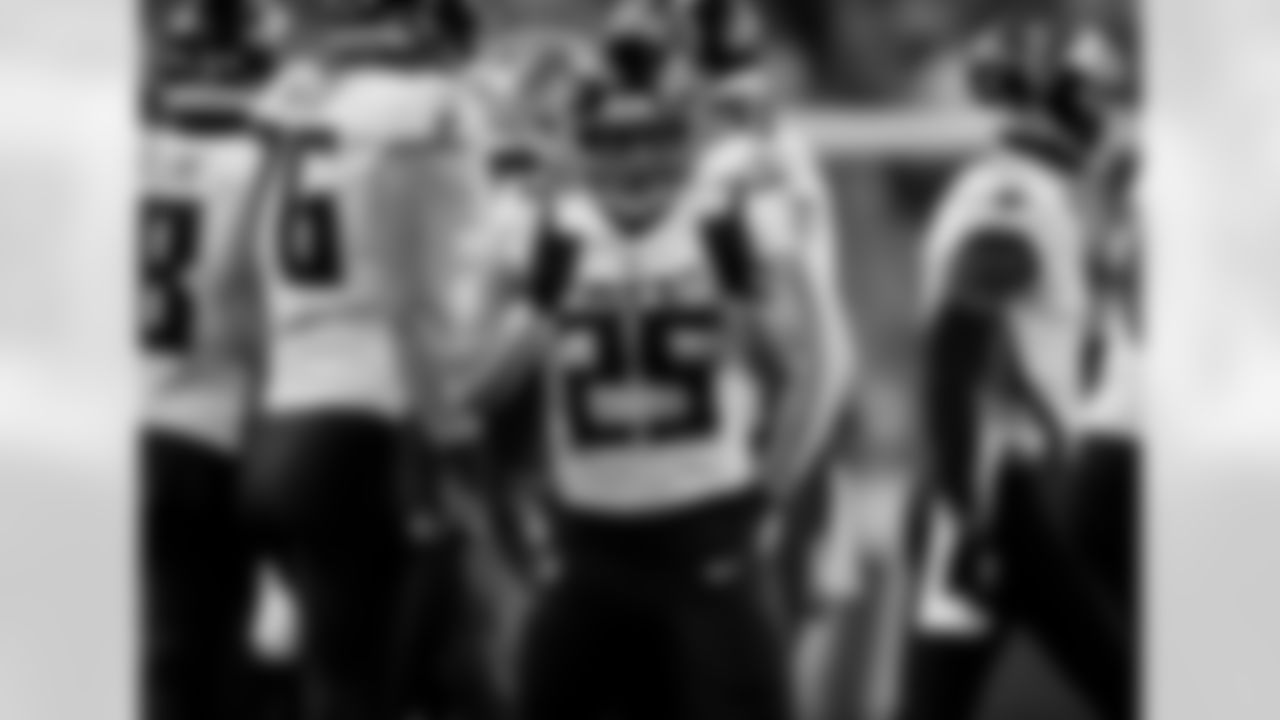 Atlanta Falcons running back Tyler Allgeier #25 reacts after a first down during the third quarter of the Week 3 Game against the Detroit Lions at Ford Field in Detroit, Michigan on Sunday, September 24, 2023. (Photo by Raj Mehta/Atlanta Falcons)