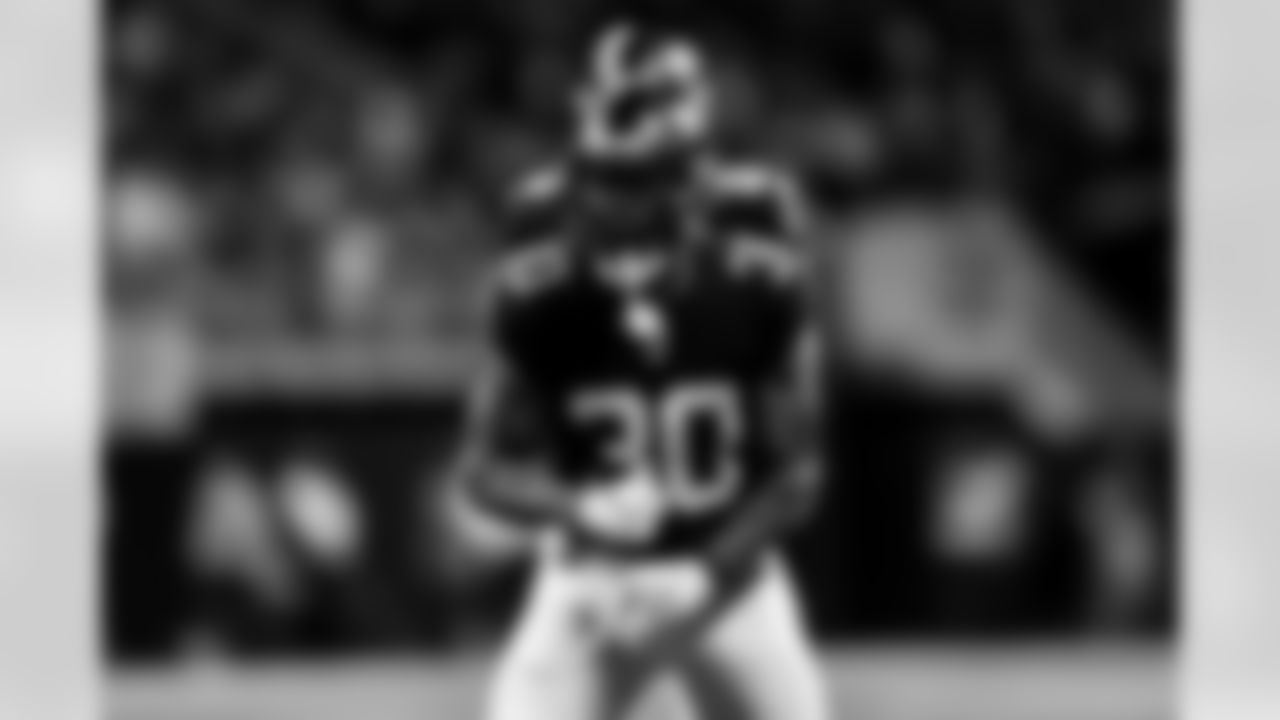 Atlanta Falcons running back Qadree Ollison #30 reacts after a play against the New England Patriots at Mercedes-Benz Stadium in Atlanta, Georgia on Thursday, November 18, 2021. (Photo by Adam Hagy/Atlanta Falcons)