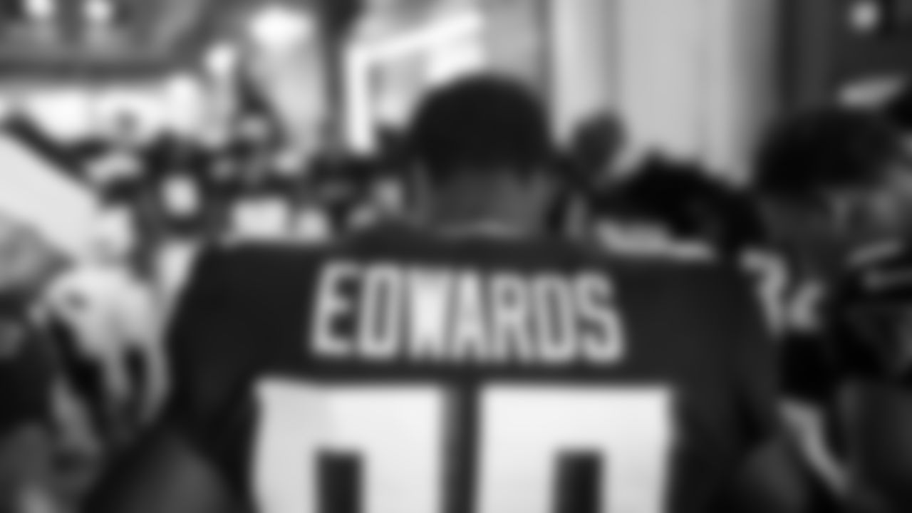 Atlanta Falcons wide receiver Bryan Edwards #89 huddles in the tunnel before warmups before the game against the Carolina Panthers at Mercedes-Benz Stadium in Atlanta, Georgia on Sunday, October 30, 2022. (Photo by Matthew Grimes/Atlanta Falcons)
