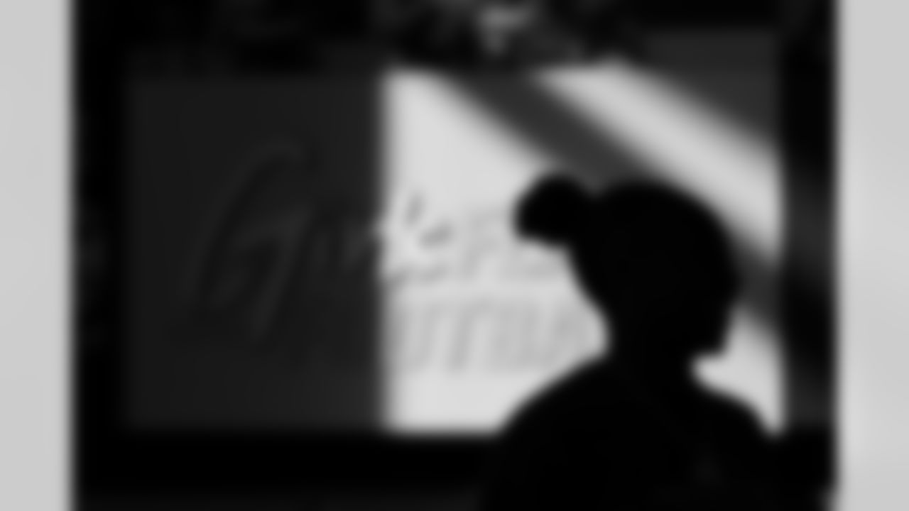 Silhouette of a player during an interview in front of the wall for Girls Flag Football at Mercedes-Benz Stadium in Atlanta, Georgia, on Wednesday, May 11, 2022. (Photo by Shanna Lockwood/Atlanta Falcons)