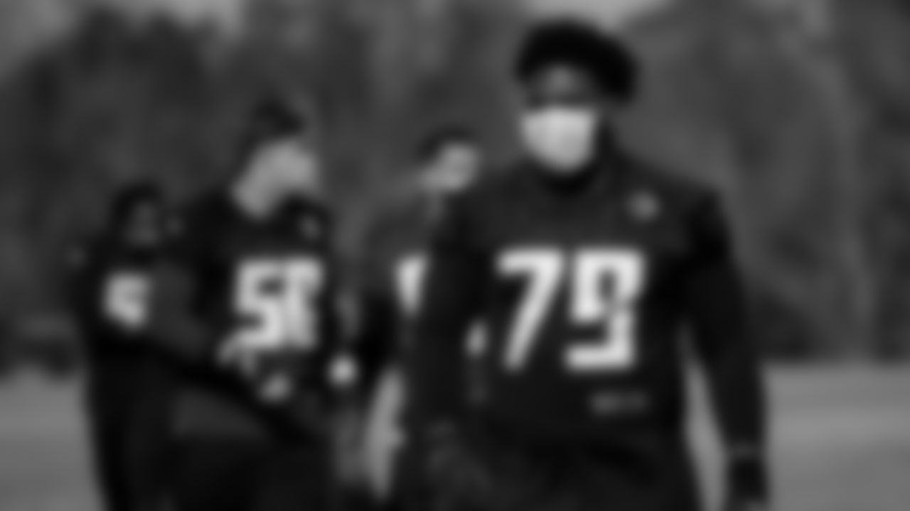 Atlanta Falcons defensive tackle Chris Slayton #79 looks on during practice at IBM Performance Field.