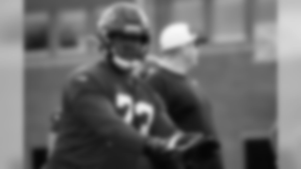 Atlanta Falcons offensive tackle Matt Gono #73 in action during practice. (Photo by Kara Durrette/Atlanta Falcons)