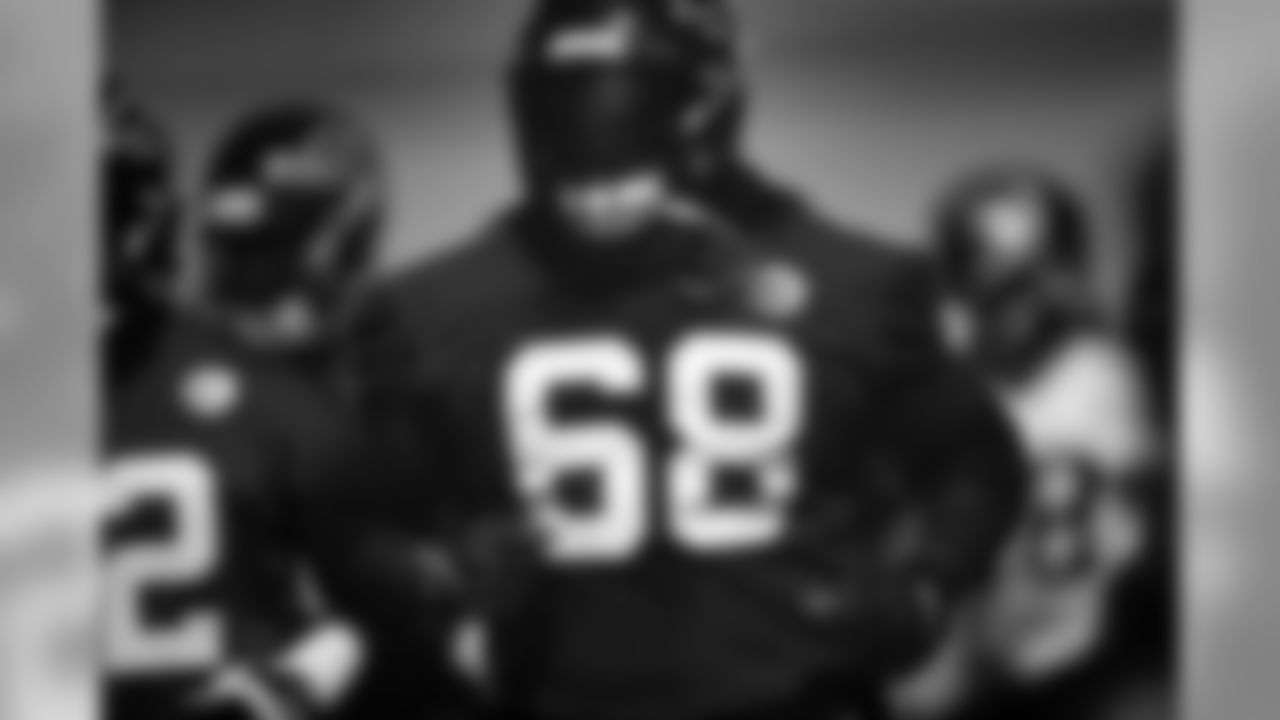 Atlanta Falcons offensive guard Jamon Brown #68 runs during the third practice preparing for preseason week two against the New York Jets. (Photo by Kara Durrette/Atlanta Falcons)