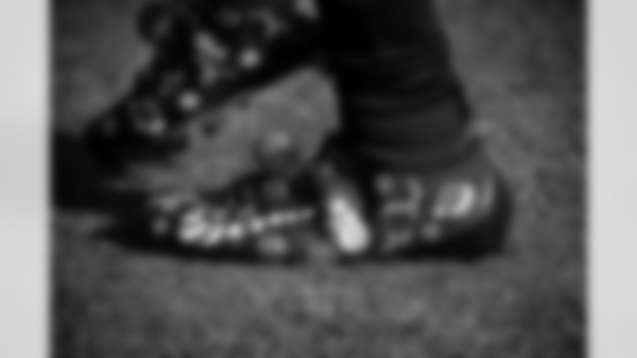 A view of the cleats of Atlanta Falcons defensive tackle Anthony Rush #94 prior to a game against the San Francisco 49ers at Levi's Stadium in Santa Clara, California on Sunday, December 19, 2021. (Photo by Donald Miralle/Atlanta Falcons)