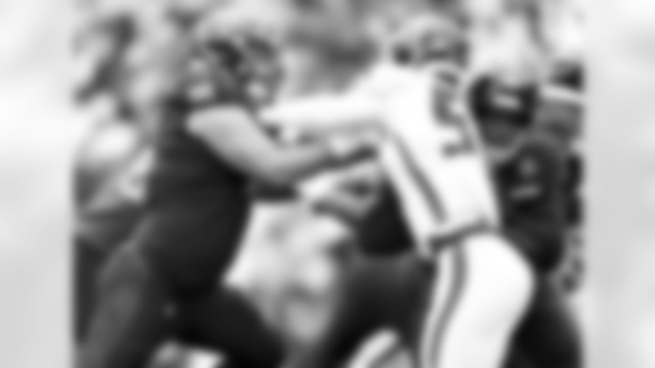 Atlanta Falcons outside linebacker DeAngelo Malone #51 rushes against a double team during the second quarter against the Washington Commanders at FedEx Field in North Englewood, Maryland on Sunday, November 27, 2022. (Photo by Mitchell Martin/Atlanta Falcons)