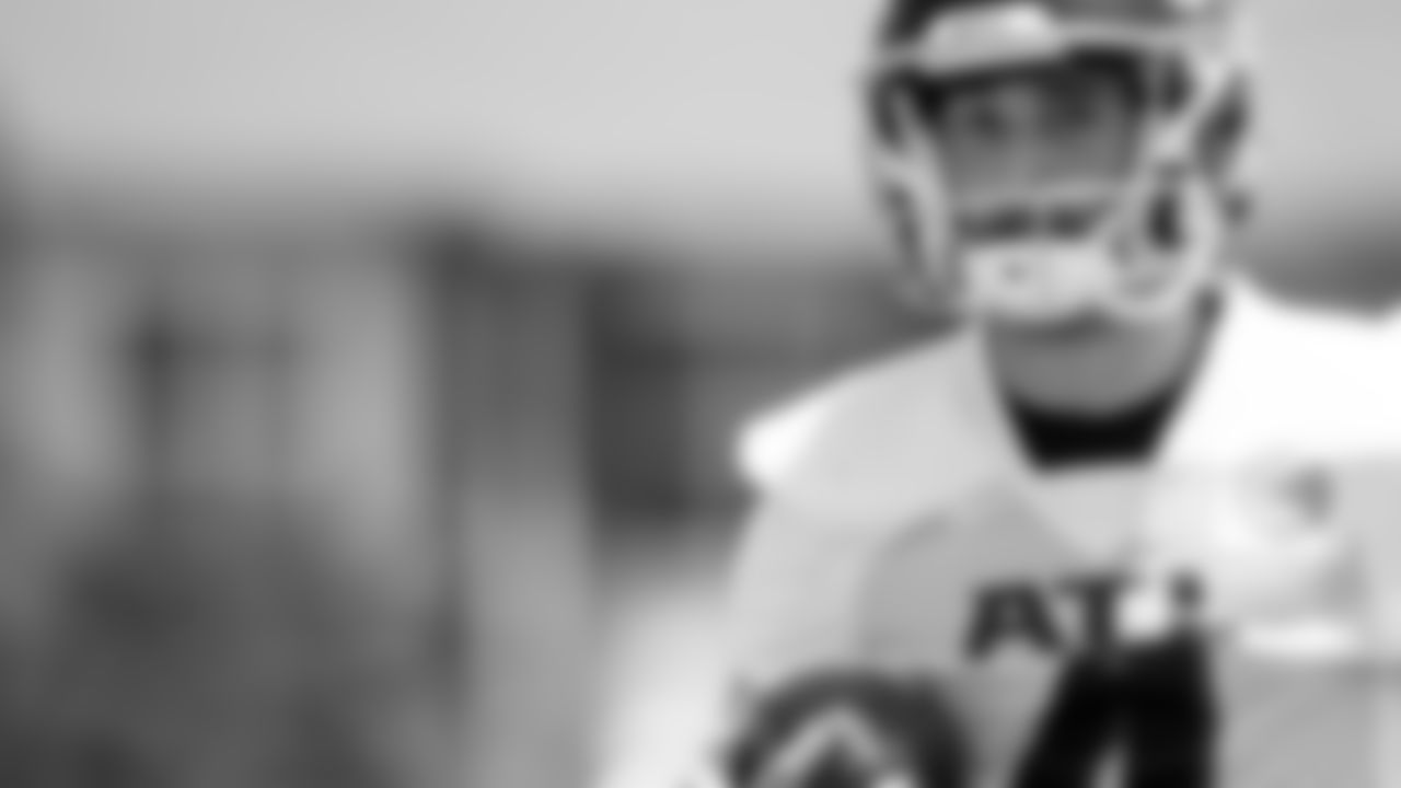 Atlanta Falcons punter Sterling Hofrichter #4 looks on during organized team activities in Phase III of the Atlanta Falcons offseason program on June 4, 2021.