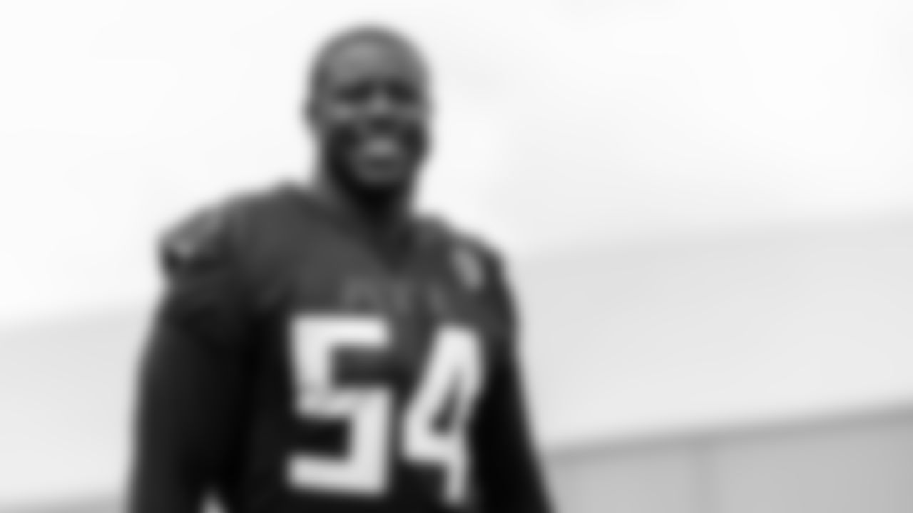 Atlanta Falcons inside linebacker Foyesade Oluokun #54 smiles during team practice at Atlanta Falcons Headquarters in Flowery Branch, Georgia, on Monday September 6, 2021. (Photo by Dakota Williams/Atlanta Falcons)