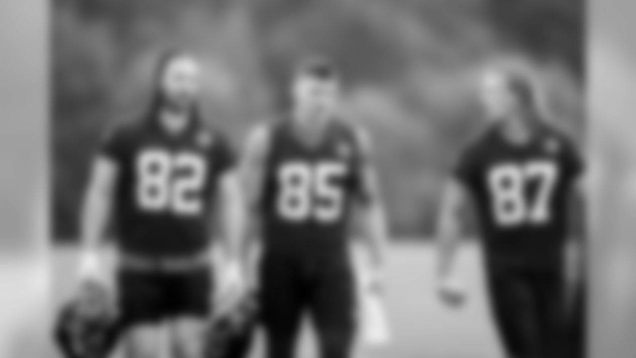 July 23, 2019 - TE Logan Paulsen, TE Eric Saubert and TE Jaeden Graham on the second day of practice. (Photo by Kara Durrette/Atlanta Falcons)