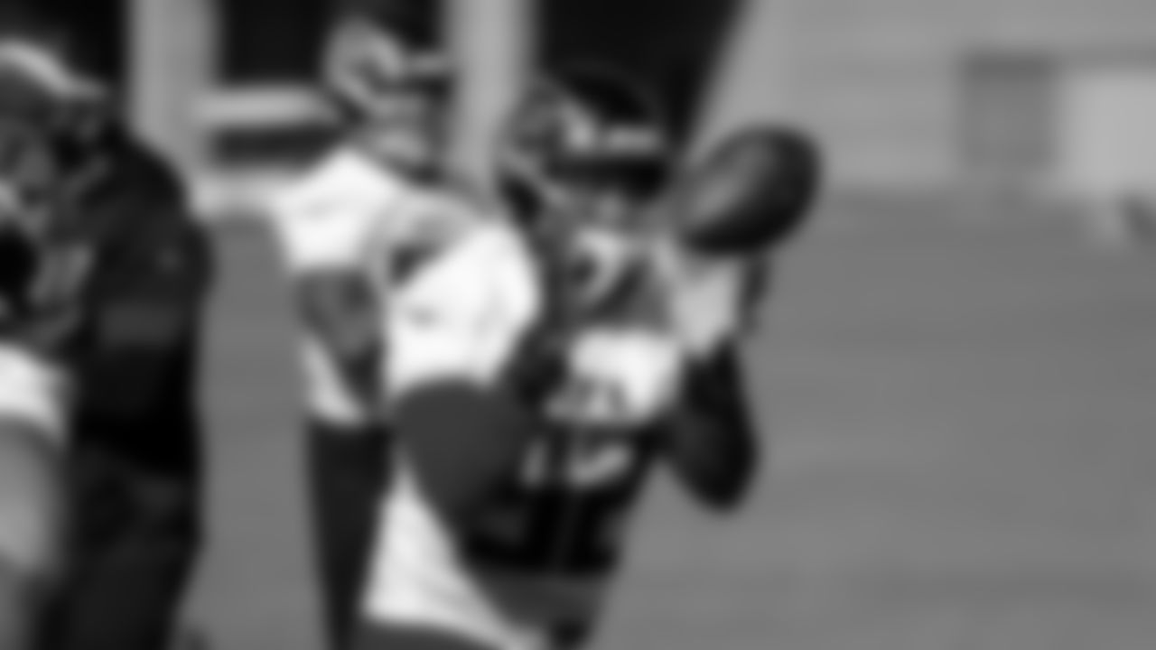 Atlanta Falcons defensive end Charles Harris #92 warms up during practice at IBM Performance Field.