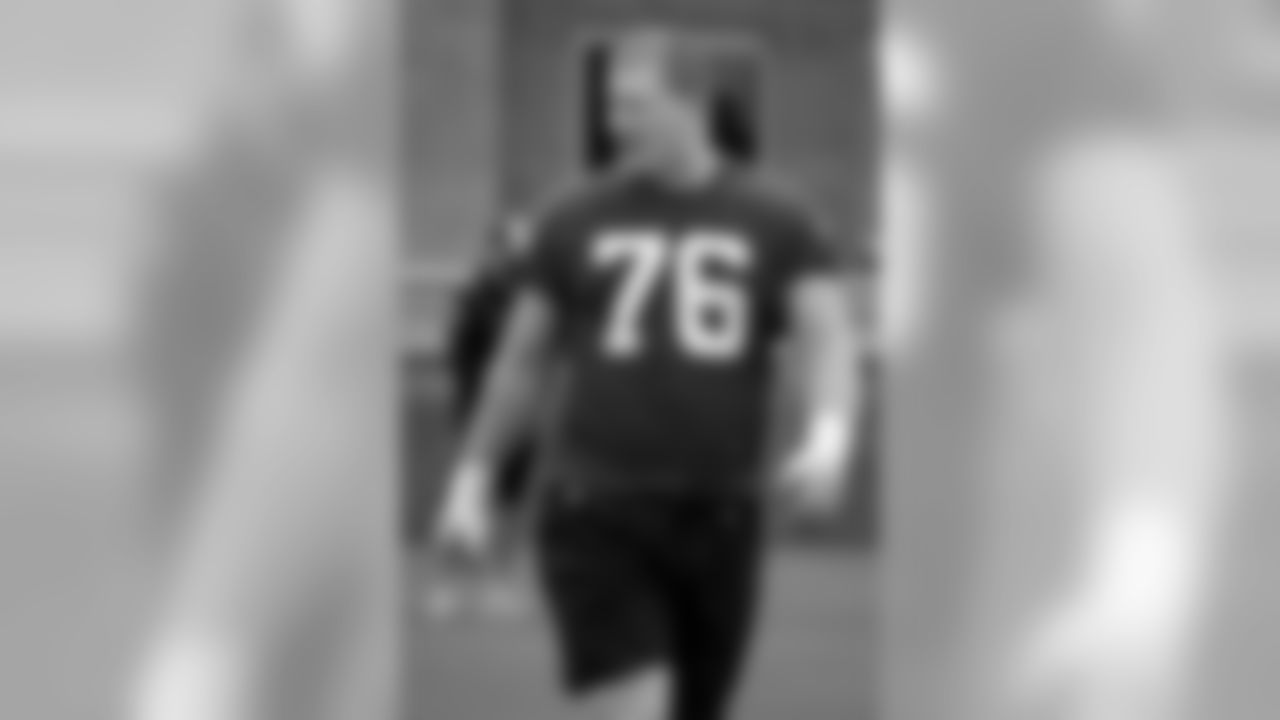 Atlanta Falcons offensive tackle Kaleb McGary #76 looks on during practice. (Photo by Kara Durrette/Atlanta Falcons)