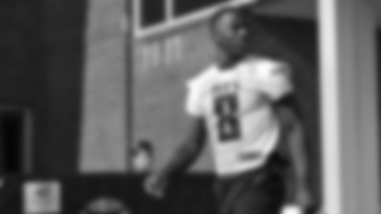 Atlanta Falcons tight end Kyle Pitts #8 walks out to practice during AT&T Atlanta Falcons Training Camp at Atlanta Falcons Training Facility in Flowery Branch, Ga. on Thursday, July 27, 2023. (Photo by Jay Bendlin/Atlanta Falcons)