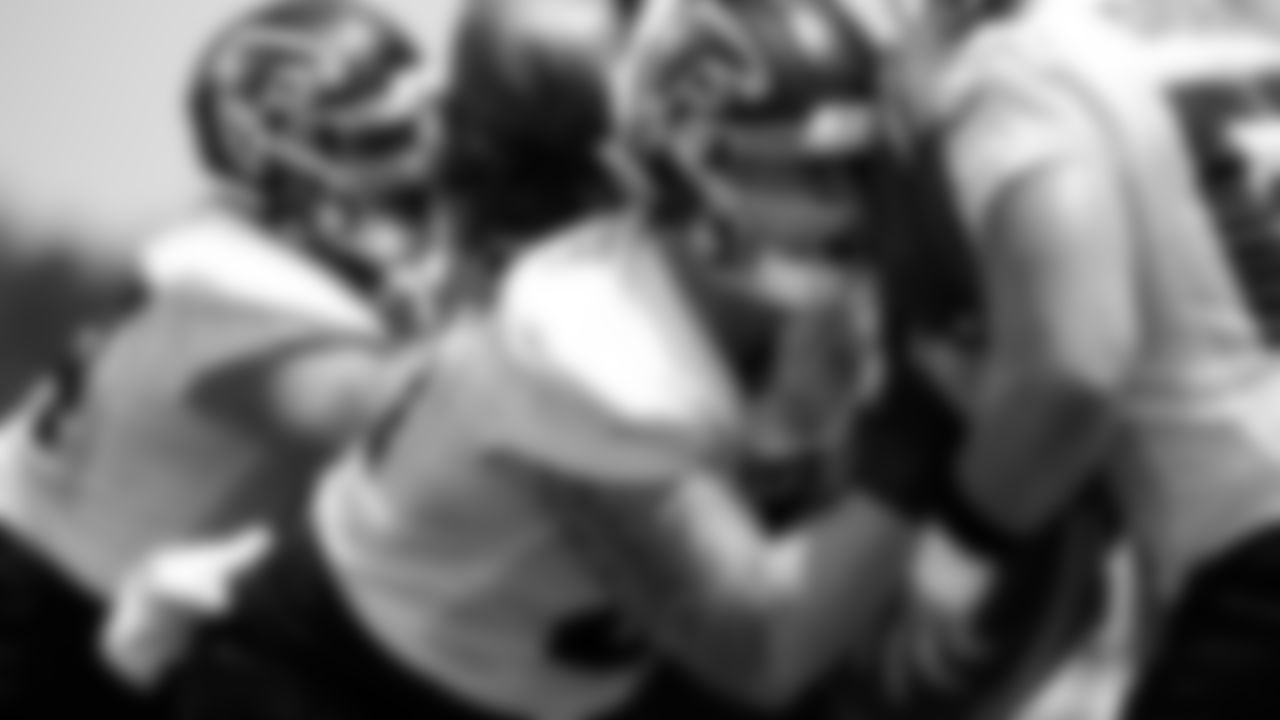Atlanta Falcons offensive lineman Joe Sculthorpe #65 works with offensive lineman Drew Dalman #67 during organized team activities in Phase III of the Atlanta Falcons offseason program on May 25, 2021.