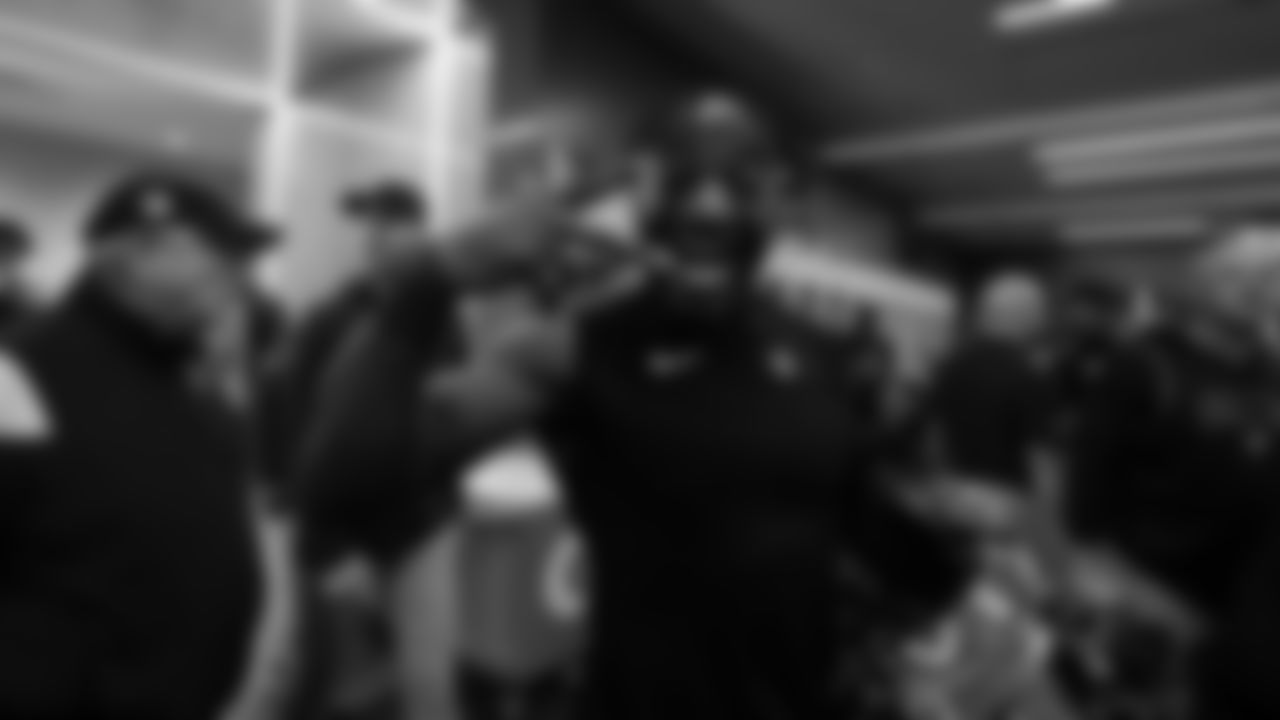 Atlanta Falcons wide receiver Frank Darby #88 reacts in the locker room after the game against the Tampa Bay Buccaneers at Mercedes-Benz Stadium in Atlanta, Georgia on Sunday, January 8, 2023. (Photo by Shanna Lockwood/Atlanta Falcons)
