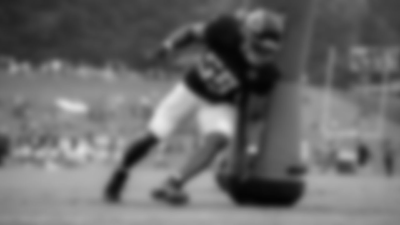 Atlanta Falcons defensive end George Obinna #59 in action during AT&T Atlanta Falcons Training Camp at Atlanta Falcons Headquarters in Flowery Branch, Georgia, on Tuesday August 3, 2021. (Photo by Kara Durrette/Atlanta Falcons)