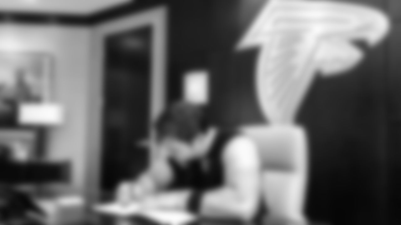 Atlanta Falcons offensive lineman Drew Dalman #67 signing his contract to become an Atlanta Falcon on June 17, 2021 in Flowery Branch, GA.