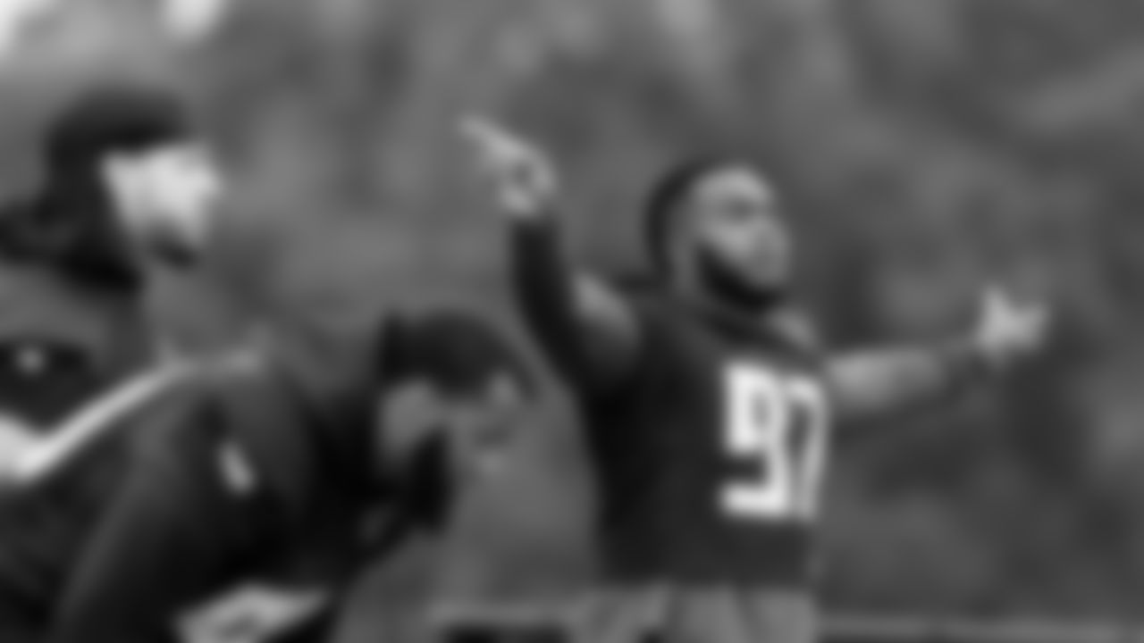 Atlanta Falcons defensive tackle Grady Jarrett #97 gestures during field work drills in Phase II of the Atlanta Falcons offseason program on May 18, 2021.