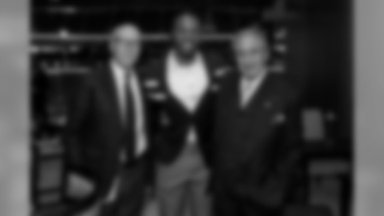 Falcons Legend Roddy White poses for a photo with Atlanta Falcons owner Arthur M Blank and Atlanta Falcons President Rich McKay before the game between the Atlanta Falcons and the Carolina Panthers at Mercedes-Benz Stadium in Atlanta, GA, on Sunday December 8, 2019. (Photo by Josh Sowemimo)