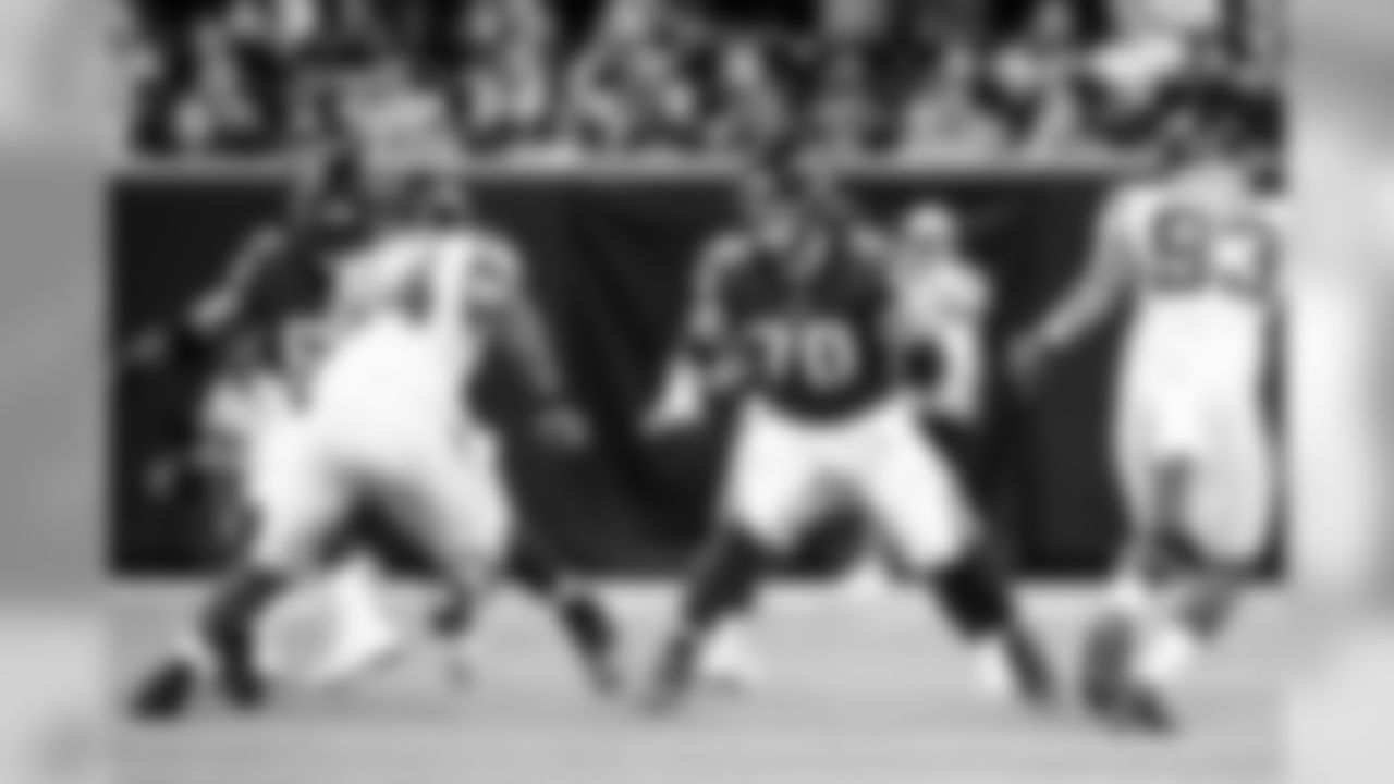 Atlanta Falcons offensive tackle Jake Matthews #70 in action at Mercedes-Benz Stadium in Atlanta, Georgia, on Thursday August 15, 2019. (Photo by Kara Durrette/Atlanta Falcons).