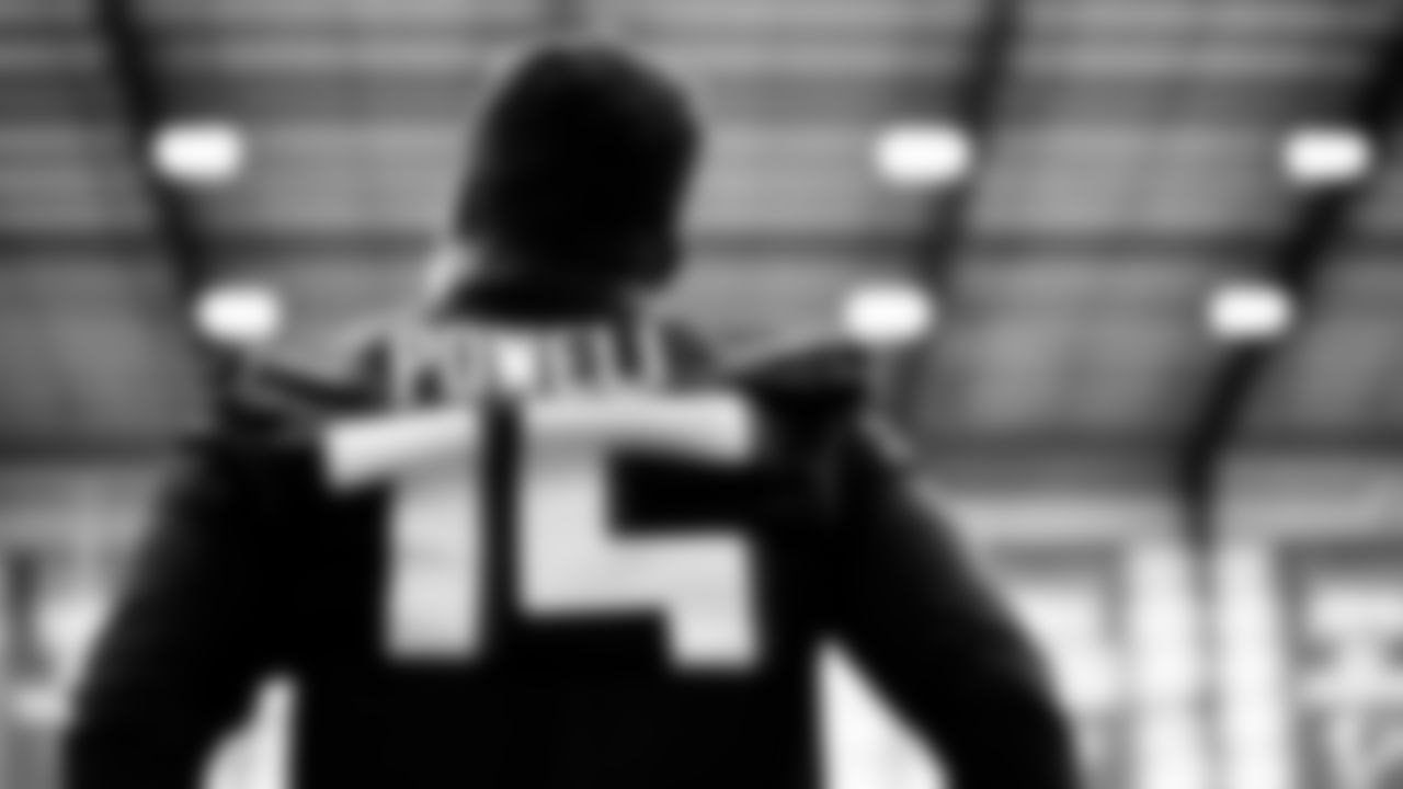 Atlanta Falcons wide receiver Brandon Powell #15 looks on during practice in the indoor facility at IBM Performance Field.