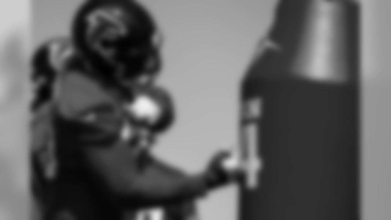 Atlanta Falcons defensive end Allen Bailey #93 hits a bag during practice. (Photo by Kara Durrette/Atlanta Falcons).