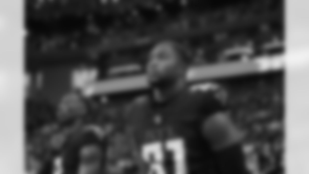 Atlanta Falcons tight end Jonnu Smith #81 during the National Anthem before the Week 1 Game against the Carolina Panthers at Mercedes-Benz Stadium in Atlanta, Georgia on Sunday, September 10, 2023. (Photo by Jay Bendlin/Atlanta Falcons)