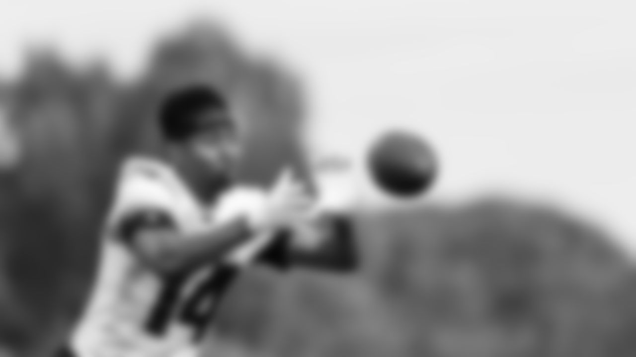 Atlanta Falcons wide receiver Russell Gage #14 catches a ball during field work drills in Phase II of the Atlanta Falcons offseason program on May 18, 2021.