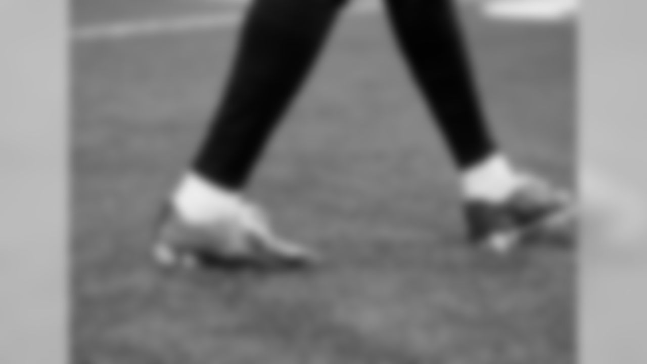 A detailed view of the cleats worn by Atlanta Falcons wide receiver Mohamed Sanu #12 before the game against the Indianapolis Colts at Lucas Oil Stadium in Indianapolis, Indiana, on Sunday September 22, 2019. (Photo by Lauren Bacho/Atlanta Falcons)