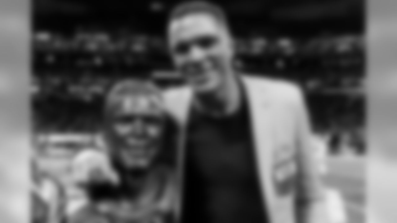 NFL Hall of Famer Tony Gonzalez is presented with the Pro Football Hall of Fame Ring during halftime between the Atlanta Falcons and the New Orleans Saints at Mercedes-Benz Stadium in Atlanta, GA, on Thursday November 28, 2019. (Photo by Kara Durrette/Atlanta Falcons)