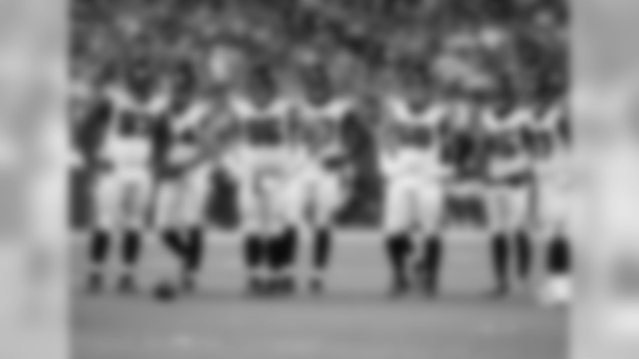 Atlanta Falcons defensive end Allen Bailey #93, defensive end Vic Beasley, Jr. #44, defensive tackle Tyeler Davison #96, outside linebacker De'Vondre Campbell #59, defensive end John Cominsky #50, linebacker Deion Jones #45 anddefensive tackle Grady Jarrett #97 looks on during the game against the Indianapolis Colts at Lucas Oil Stadium in Indianapolis, Indiana, on Sunday September 22, 2019. (Photo by Kara Durrette/Atlanta Falcons)