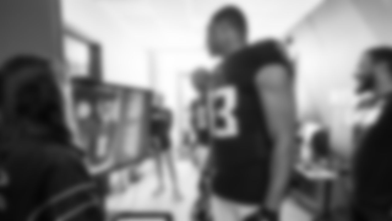 Atlanta Falcons defensive lineman Calais Campbell #93 andoutside linebacker Bud Dupree #48 watch tight end Kyle Pitts #8 during Creative Days in Ticketmaster Studios at Atlanta Falcons Training Facility in Flowery Branch, Ga. on Monday, June 12, 2023. (Photo by Jay Bendlin/Atlanta Falcons)