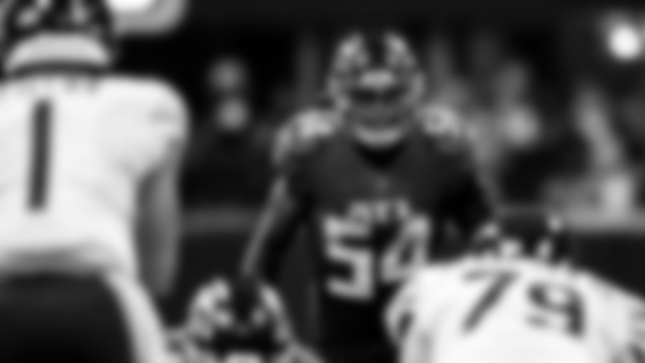 Atlanta Falcons inside linebacker Rashaan Evans #54 lines up during the second half against the Chicago Bears at Mercedes-Benz Stadium in Atlanta, Georgia on Sunday, November 20, 2022. (Photo by Shanna Lockwood/Atlanta Falcons)