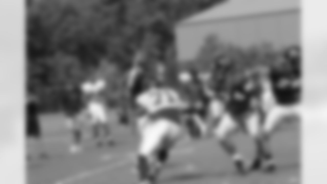 DE Kroy Biermann eyes up a sack // 2011 Russell Athletic Training Camp - Day 8 // August 8, 2011 // Flowery Branch, Ga. —