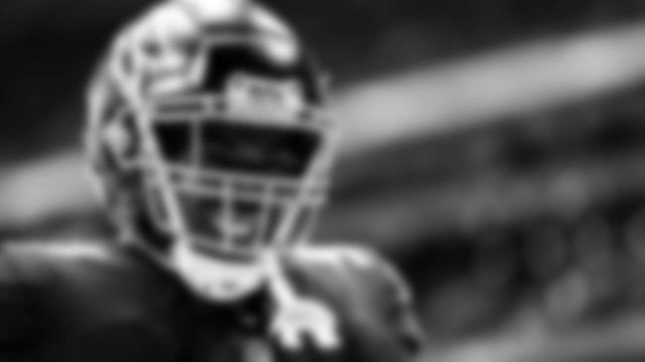 Atlanta Falcons defensive lineman Grady Jarrett #97 warms up prior to the game against the Los Angeles Chargers at Mercedes-Benz Stadium in Atlanta, Georgia on Sunday, November 6, 2022. (Photo by Mitchell Martin/Atlanta Falcons)
