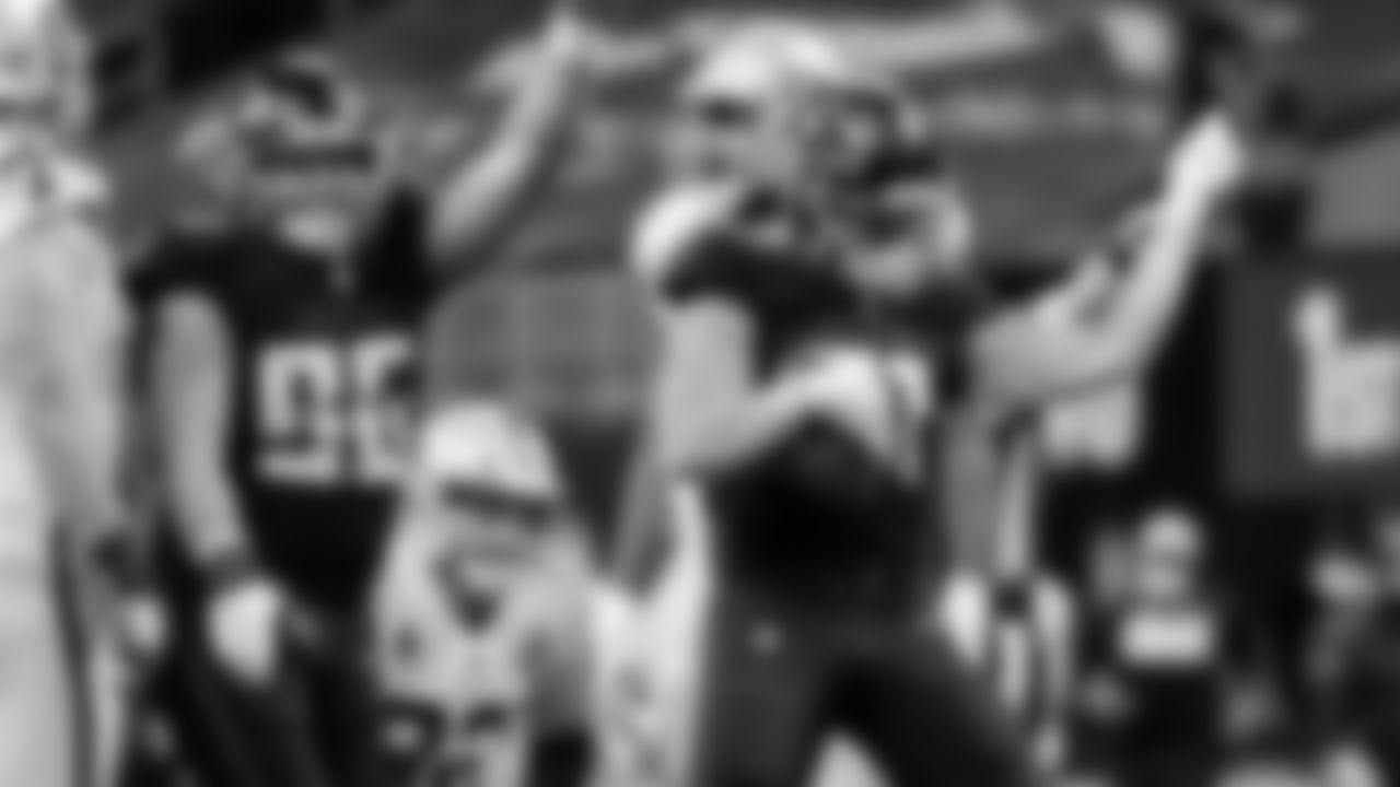 Atlanta Falcons defensive tackle Jacob Tuioti-Mariner #91 celebrates during the game against the Las Vegas Raiders on November 29, 2020.
