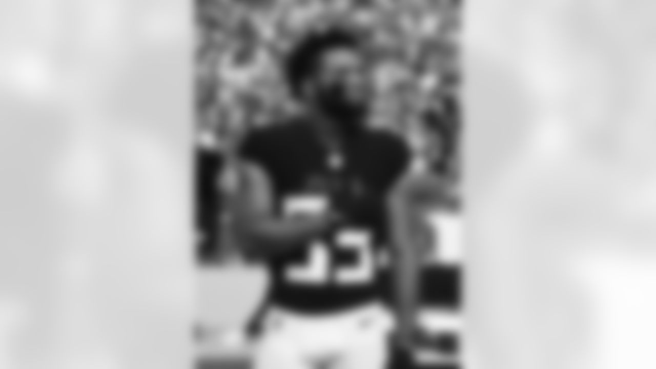 Atlanta Falcons cornerback Avery Williams #35 stands on the sideline during the national anthem prior to a game against the Tampa Bay Buccaneers at Raymond James Stadium in Tampa, Florida on Sunday, September 19, 2021. (Photo by Jeremy Reper/Atlanta Falcons)