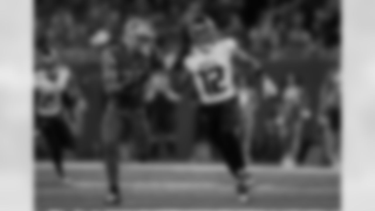 Atlanta Falcons wide receiver KhaDarel Hodge #12 covers a punt during the first quarter of the Week 3 Game against the Detroit Lions at Ford Field in Detroit, Michigan on Sunday, September 24, 2023. (Photo by Shanna Lockwood/Atlanta Falcons)