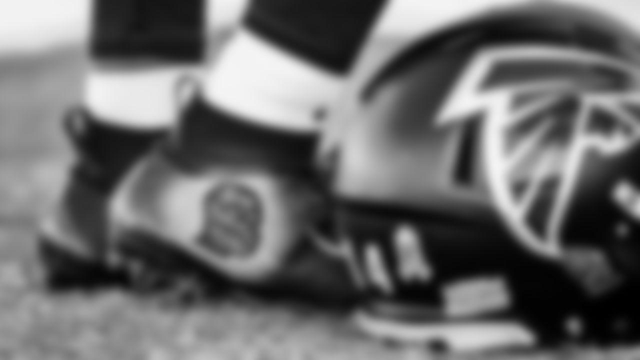 View of cleats worn by Atlanta Falcons running back Cordarrelle Patterson #84 during team practice at Atlanta Falcons Headquarters in Flowery Branch, Georgia, on Thursday, December 2, 2021. (Photo by Shanna Lockwood/Atlanta Falcons)