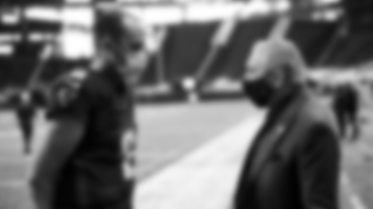 Atlanta Falcons quarterback Matt Schaub #8 talks to Arthur M. Blank during pregame against the Tampa Bay Buccaneers on December 20, 2020.