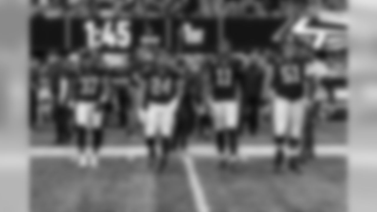 Atlanta Falcons captains walk out to the coin toss with Honorary before the game between the Atlanta Falcons and the Seattle Seahawks at Mercedes-Benz Stadium in Atlanta, GA, on Sunday October 27, 2019. (Photo by Kara Durrette/Atlanta Falcons)