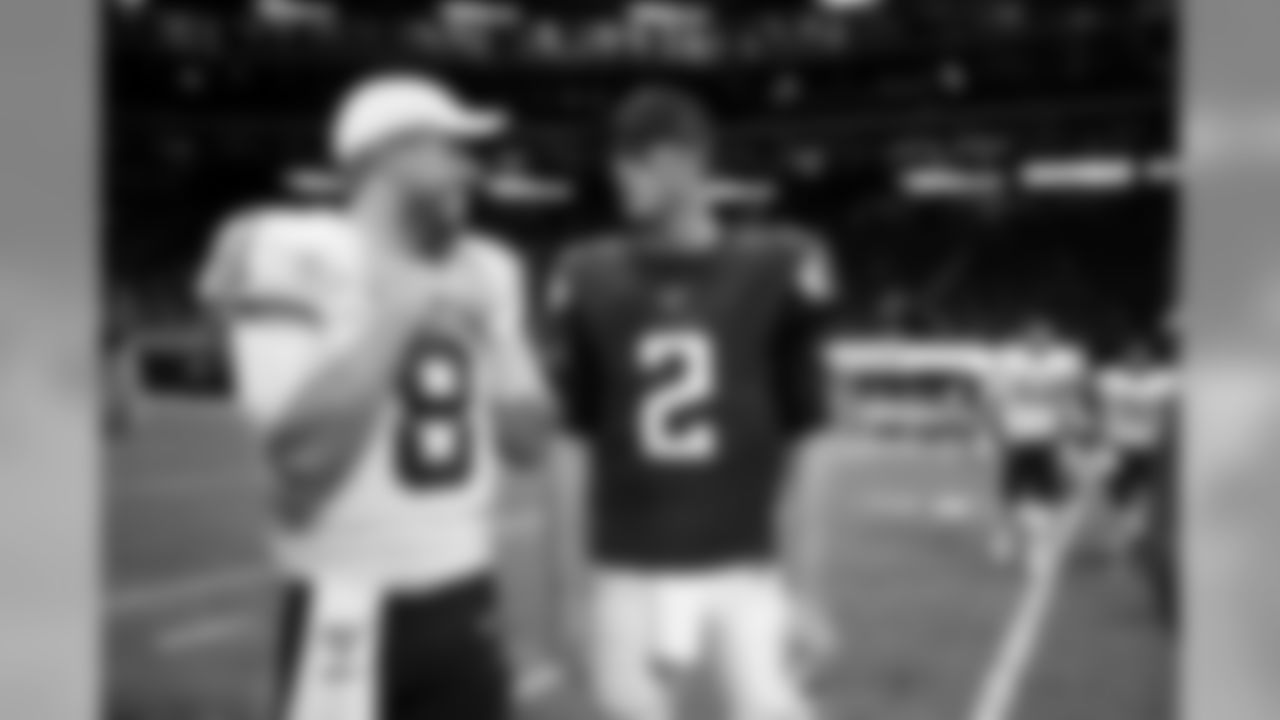 Washington Redskins quarterback Case Keenum #8 and Atlanta Falcons quarterback Matt Ryan #2 after the game at Mercedes-Benz Stadium in Atlanta, Georgia, on Thursday August 22, 2019. (Photo by Kara Durrette/Atlanta Falcons)