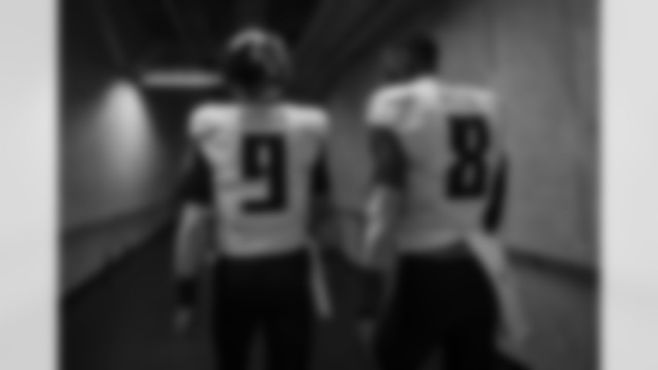 Atlanta Falcons quarterback Desmond Ridder #9 and tight end Kyle Pitts #8 in the tunnel during halftime of the Week 3 Game against the Detroit Lions at Ford Field in Detroit, Michigan on Sunday, September 24, 2023. (Photo by Jay Bendlin/Atlanta Falcons)