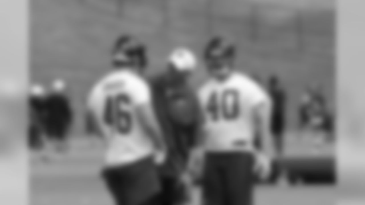 LB coach Glenn Pires works with LBs Max Gruder and Pat Schiller // 2012 Rookie Minicamp – Day 2 // May 12, 2012 // Flowery Branch –